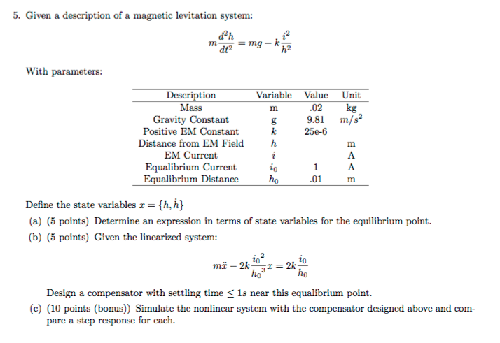 Given A Description Of A Magnetic Levitation System: 