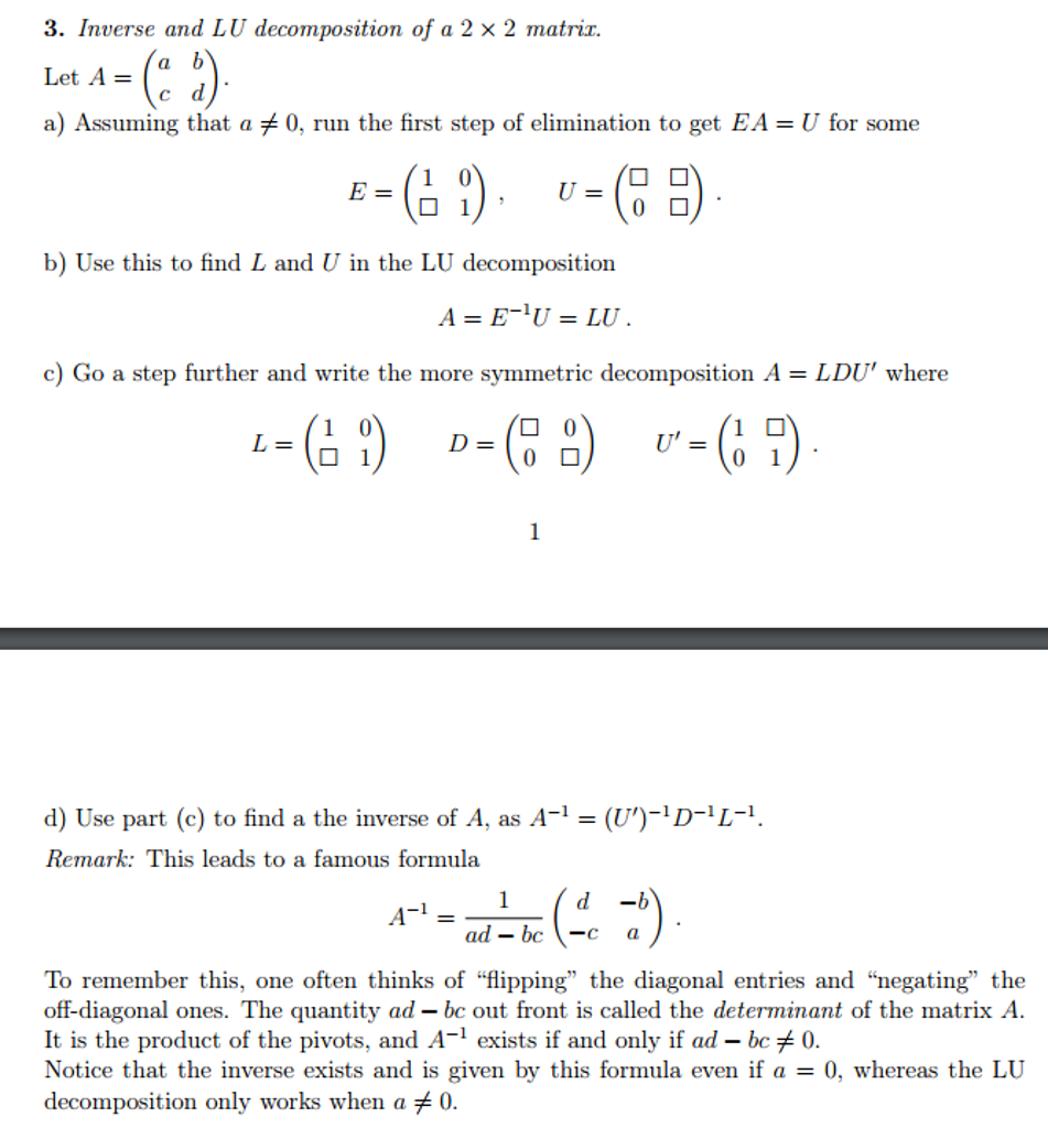 Inverse and L U decomposition of a 2 times 2 matrix. | Chegg.com