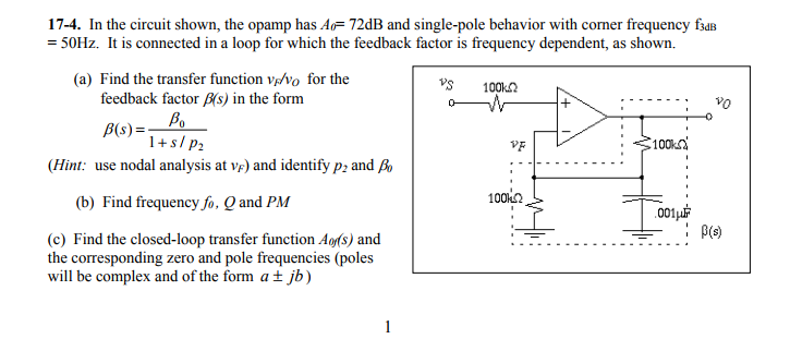 Solved 17-4. In the circuit shown, the opamp has A 72dB and | Chegg.com