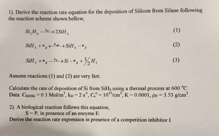 Derive the reaction rate equation for the deposition | Chegg.com