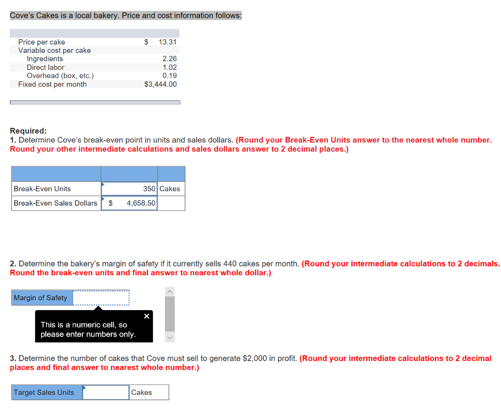 Solved Cove's Cakes is a local bakery. Price and cost