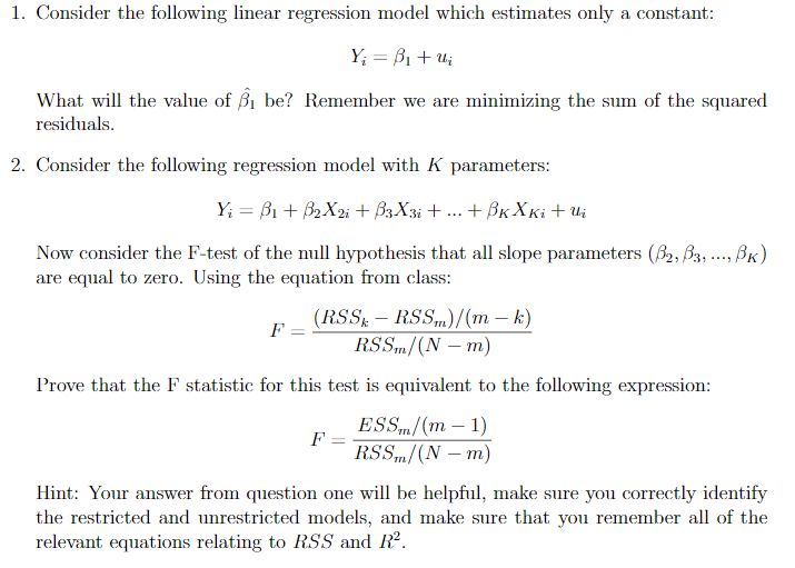 Solved 1 Consider The Following Linear Regression Model 5111