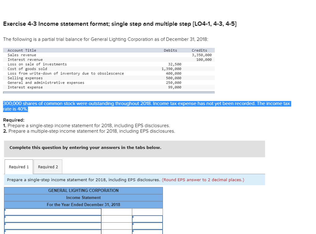 Solved Exercise 4 3 Income Statement Format Single Step And 2514