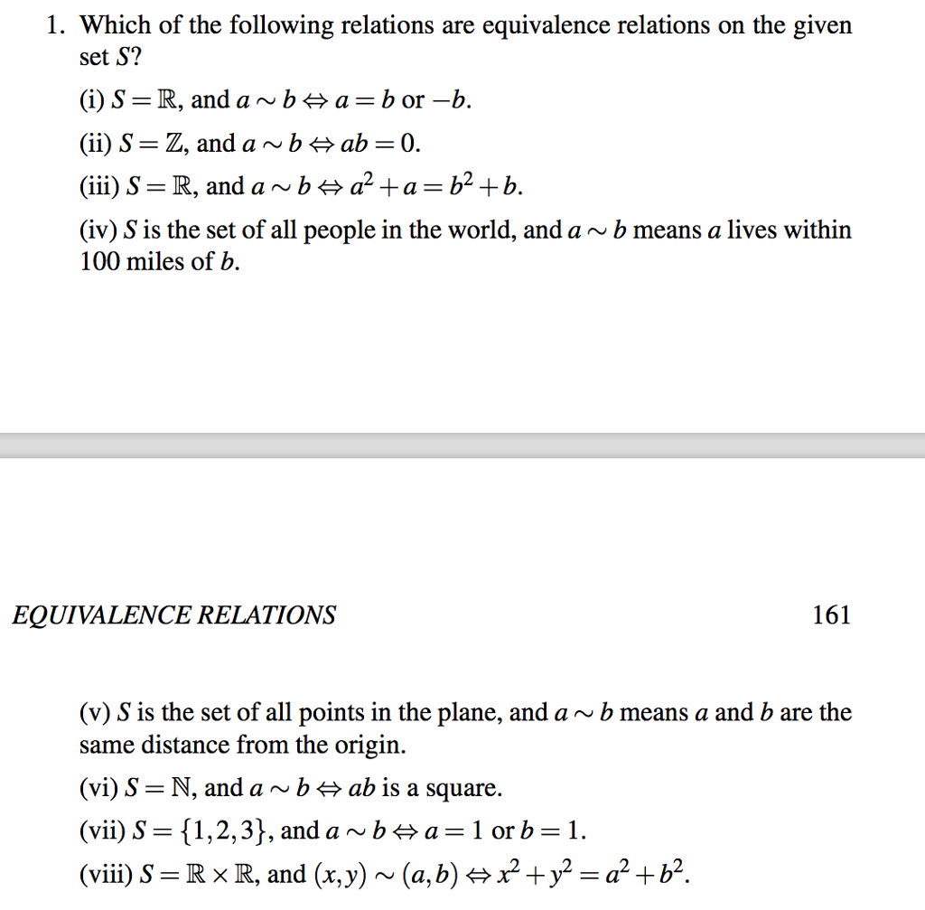 what are the equivalence classes of the equivalence relations in exercise 1