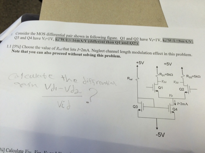 Solved Consider the MOS differential pair shown in following | Chegg.com