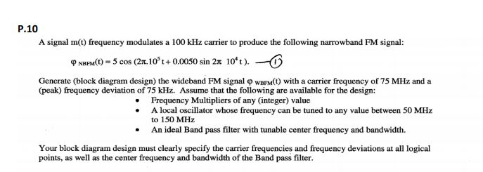 Solved P.10 A signal m(t) frequency modulates a 100 kHz | Chegg.com