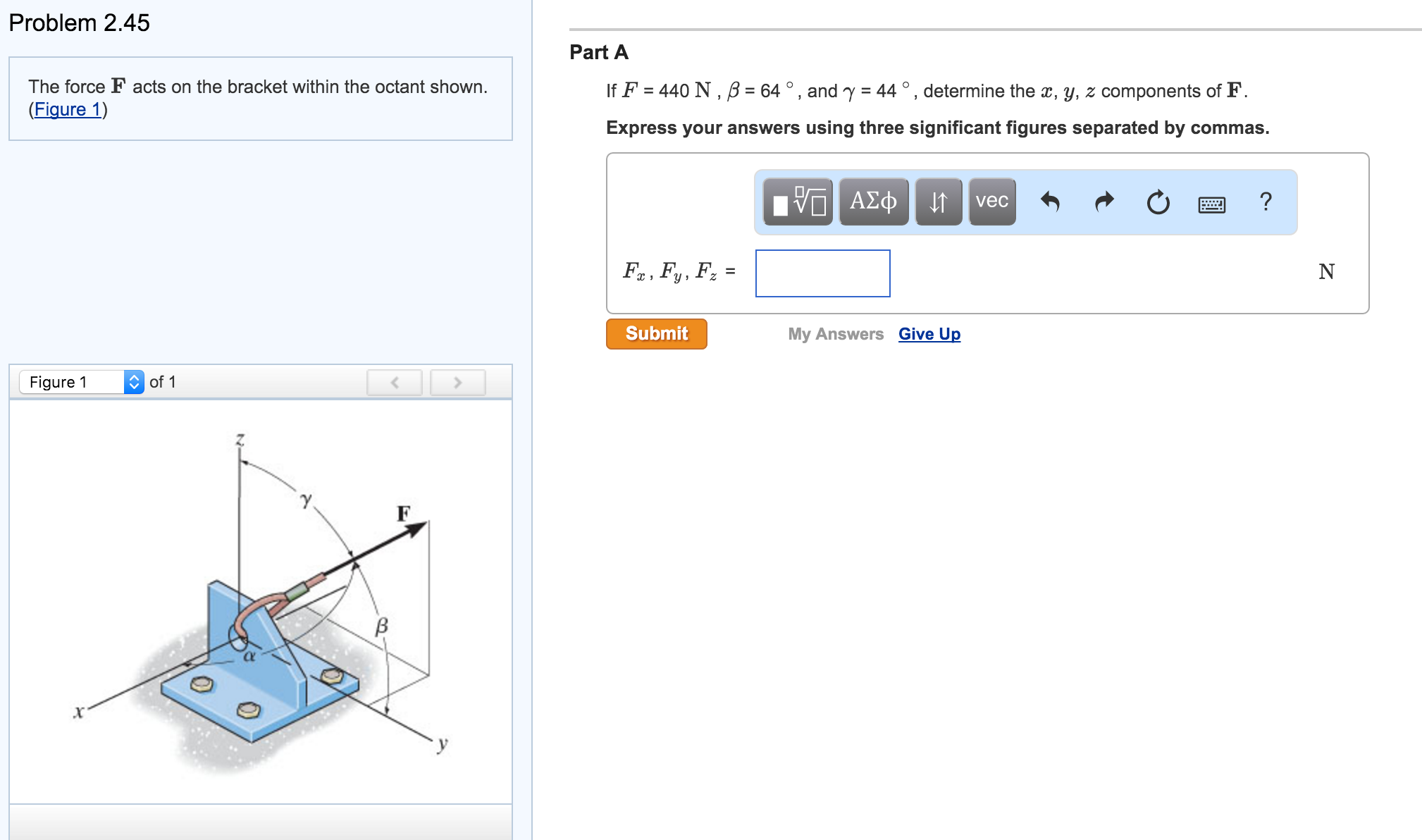 Solved The force F acts on the bracket within the octant | Chegg.com