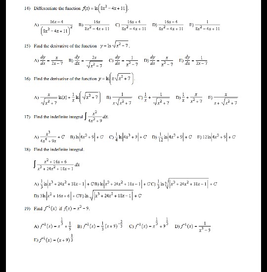 Solved 14) Diffeiculiatete function ) 8--4x+ 11 L4x +4 A) | Chegg.com