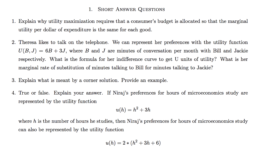 Solved 1. ShorT ANSWER QUESTIONS 1. Explain why utility