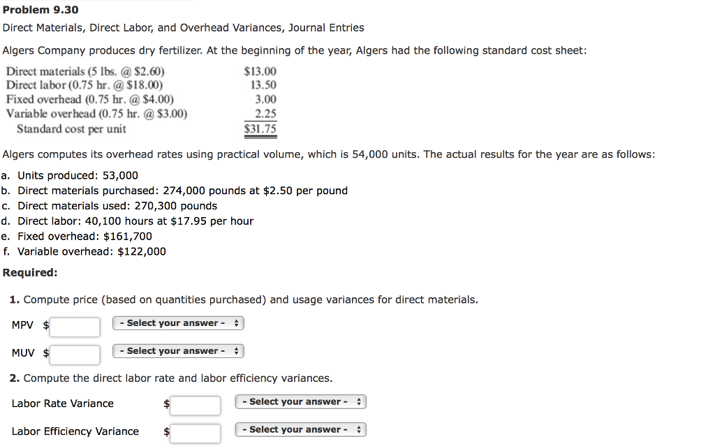 Solved Problem 9.30 Direct Materials, Direct Labor, And 