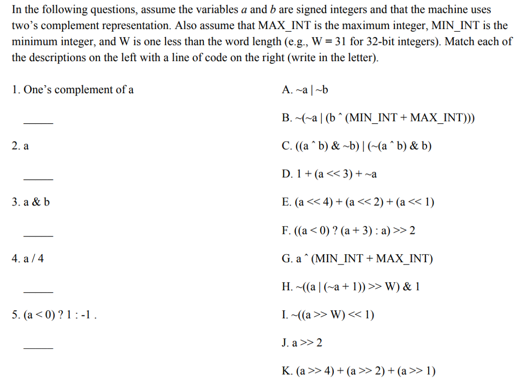 Solved In the following questions, assume the variables a | Chegg.com