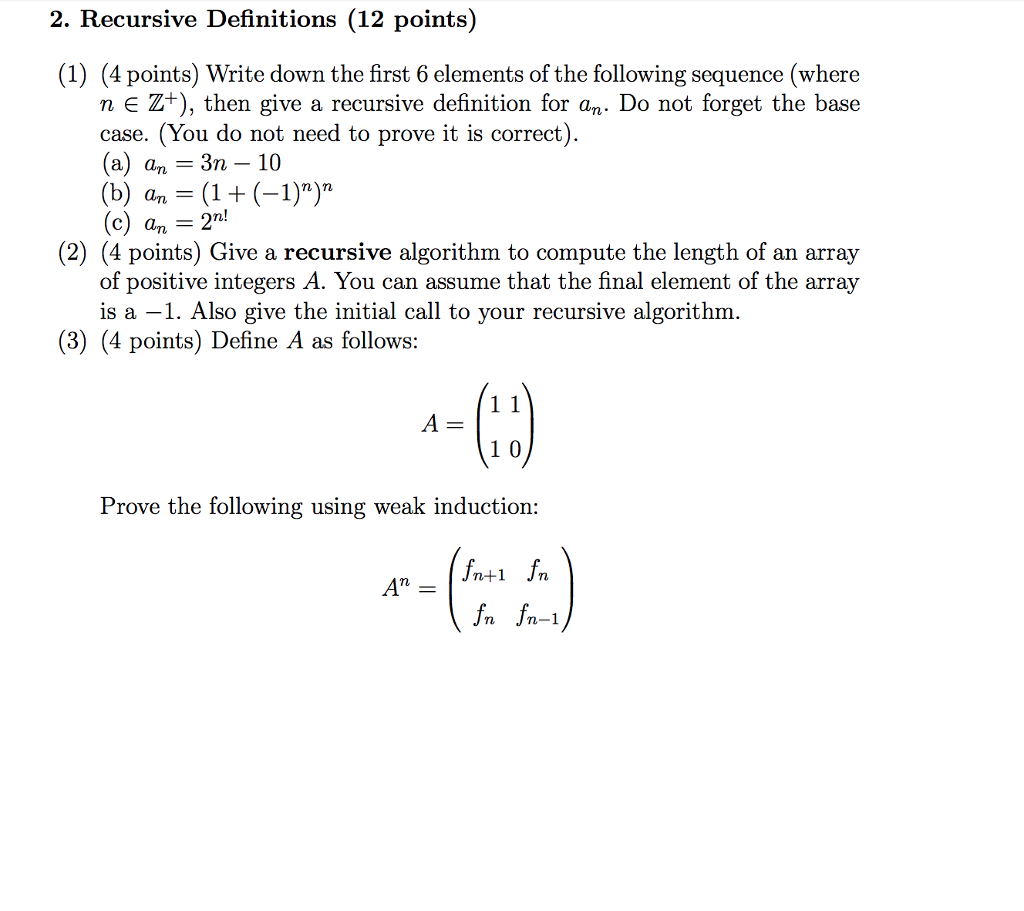 Solved 2. Recursive Definitions (12 Points) (1) (4 Points) | Chegg.com