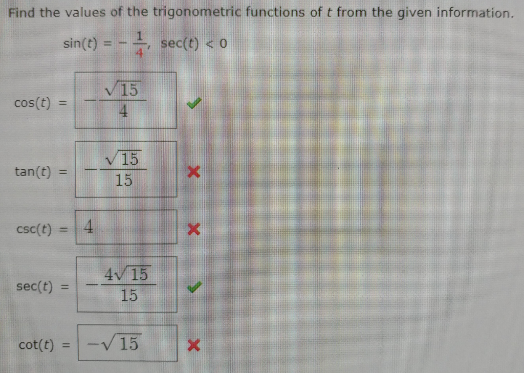 Solved Find the values of the trigonometric functions of t | Chegg.com