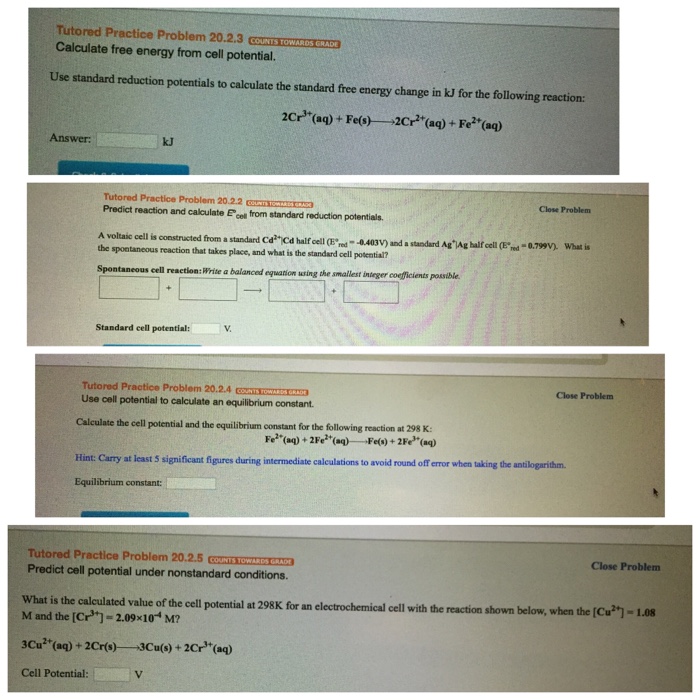 Solved Calculate free energy from cell potential. Use | Chegg.com