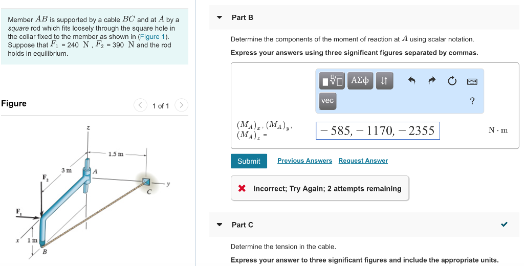 Solved Part B Member AB is supported by a cable BC and at A | Chegg.com