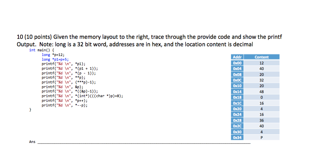 10 (10 points) Given the memory layout to the right,