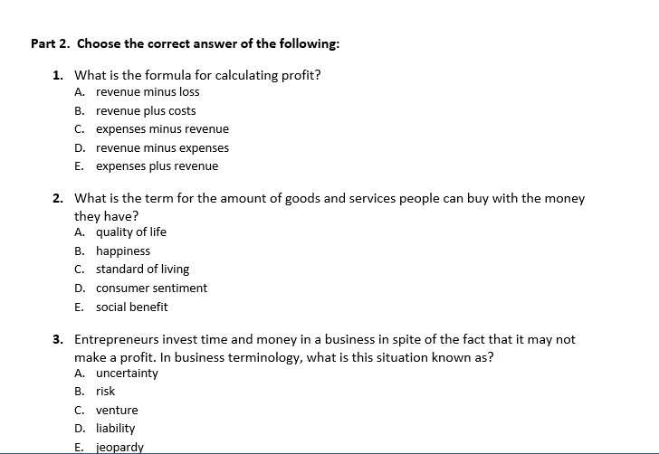 Solved Part 2. Choose the correct answer of the following: | Chegg.com
