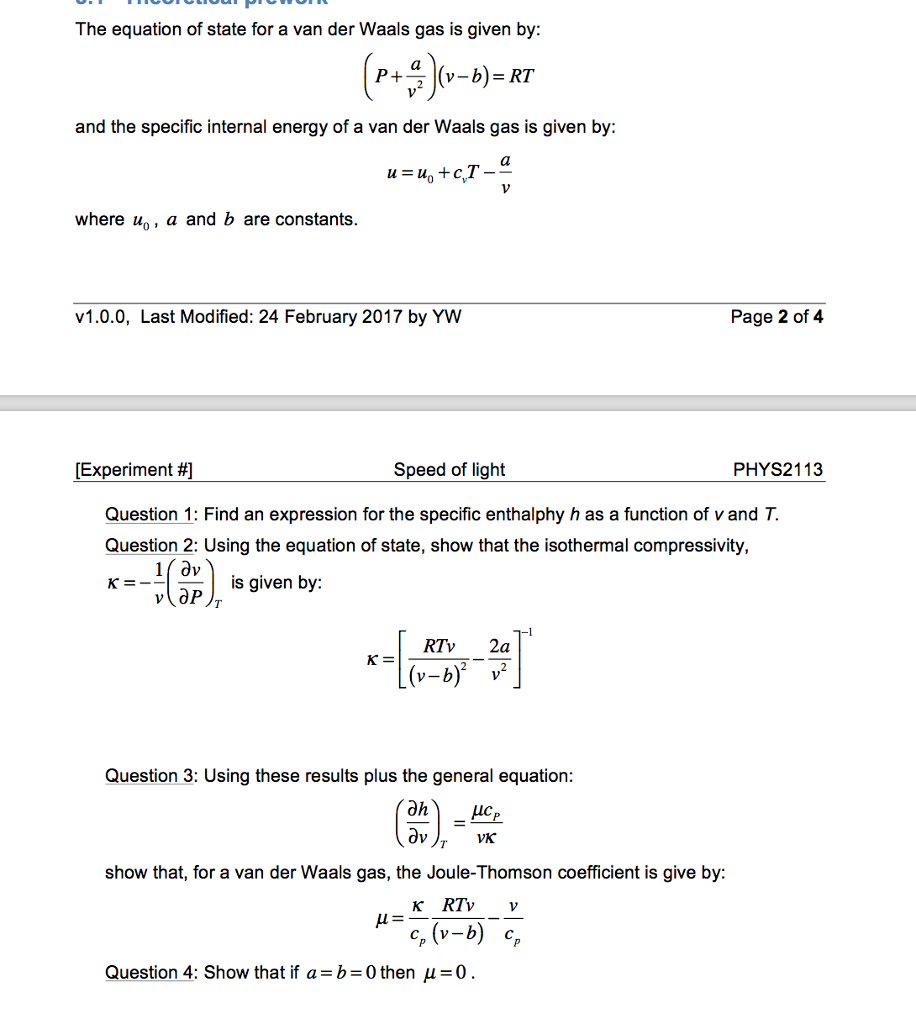 Solved The equation of state for a van der Waals gas is | Chegg.com