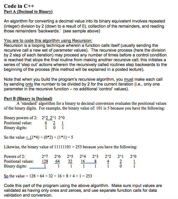 Solved Code in C++ Part A (Decimal to Binar An algorithm for | Chegg.com