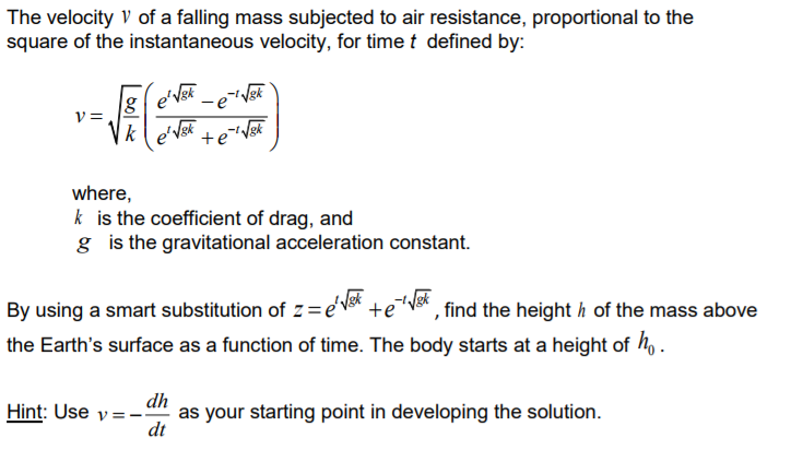 Solved The velocity V of a falling mass subjected to air | Chegg.com