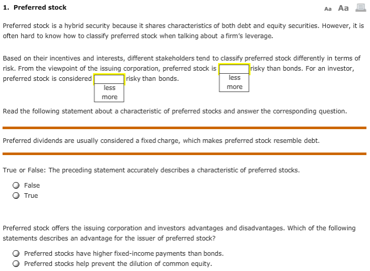 Solved Preferred Stock Is A Hybrid Security Because It Chegg