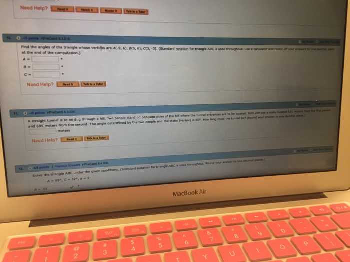 find the angles of triangle abc whose vertices are