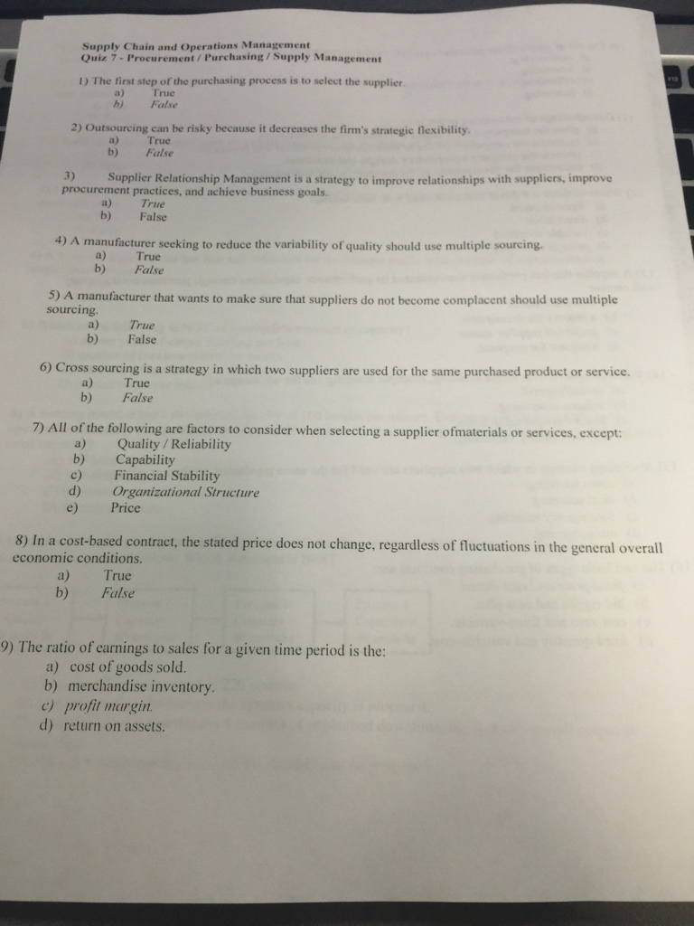 Solved Supply Chain and Operations Management Quiz 7