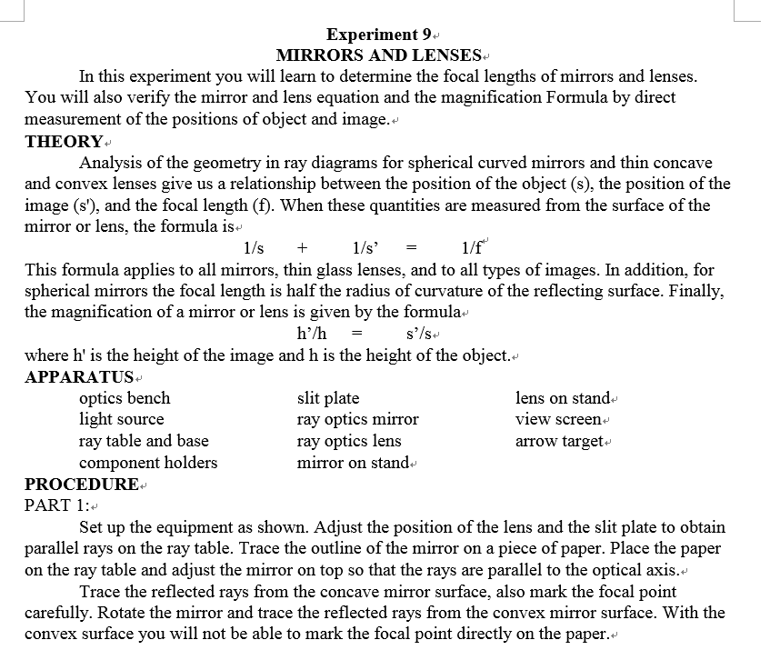 Solved Experiment 9 MIRRORS AND LENSES In this experiment
