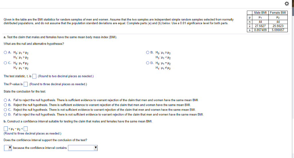 Solved Male BMI Female BMI ?2 Given in the table are the BMI | Chegg.com