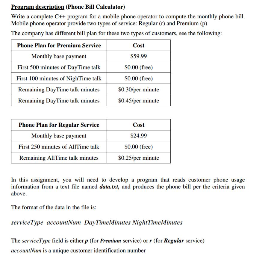 Solved Program description (Phone Bill Calculator) Write a | Chegg.com