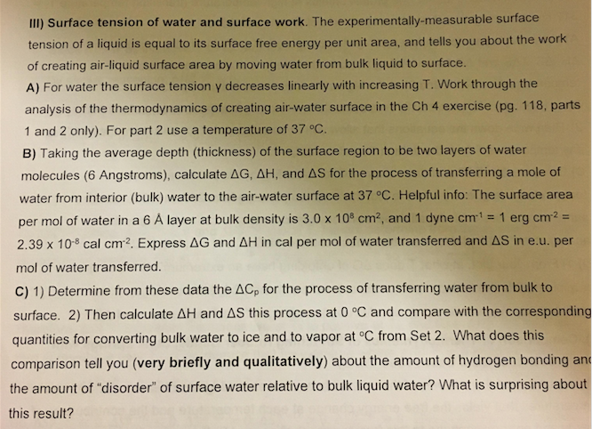 lll) Surface tension of water and surface work. The | Chegg.com