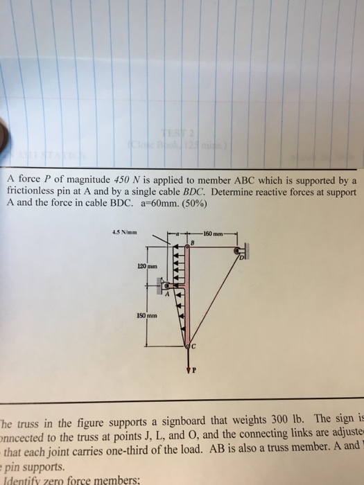Solved A force P of magnitude 450 N is applied to member ABC | Chegg.com