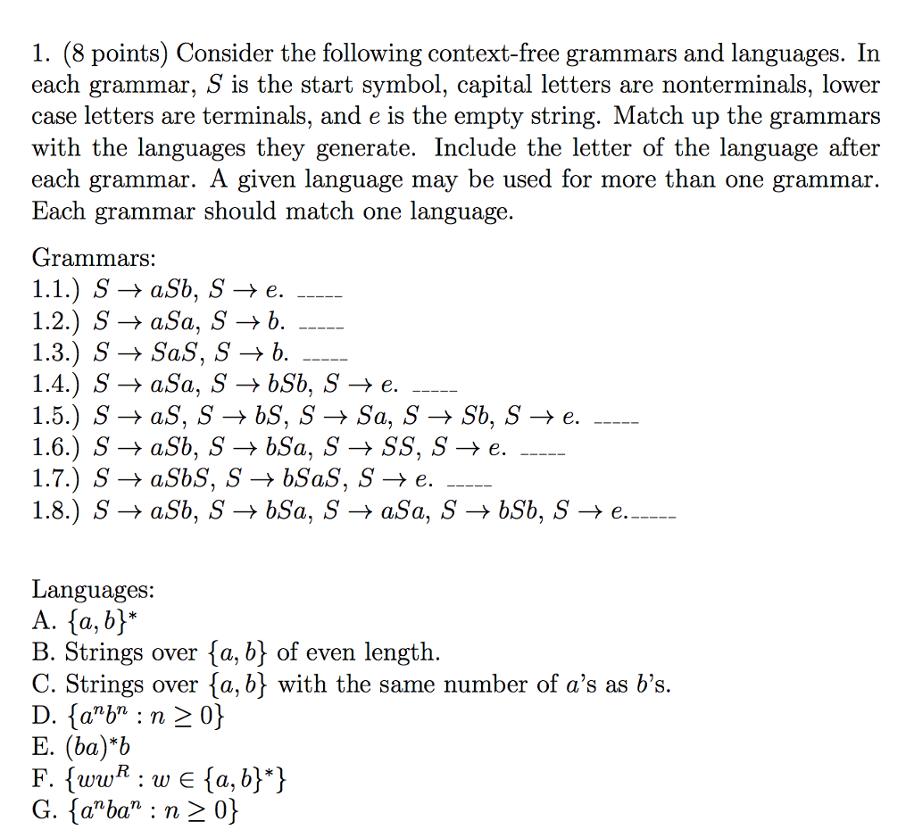 construct context free grammars for the following languages