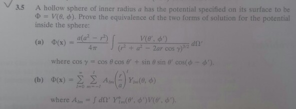 Solved 3.5 A hollow sphere of inner radius a has the | Chegg.com