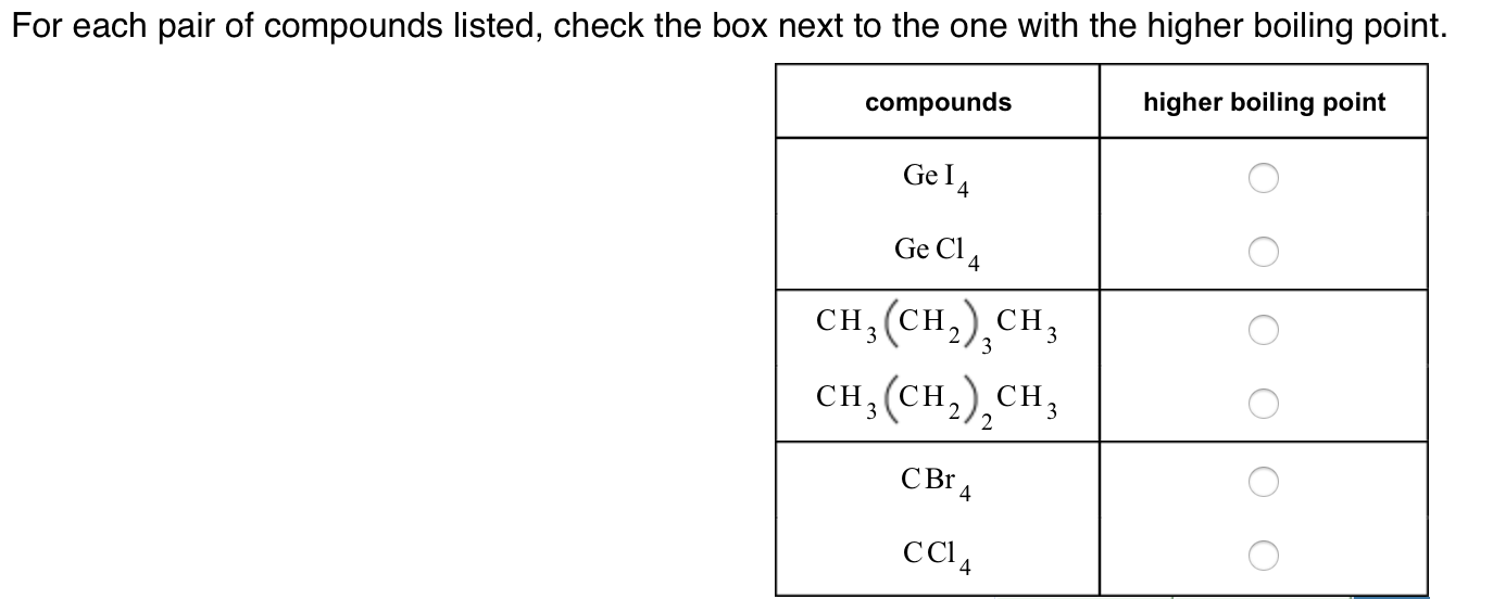 Solved For each pair of compounds listed check the box next