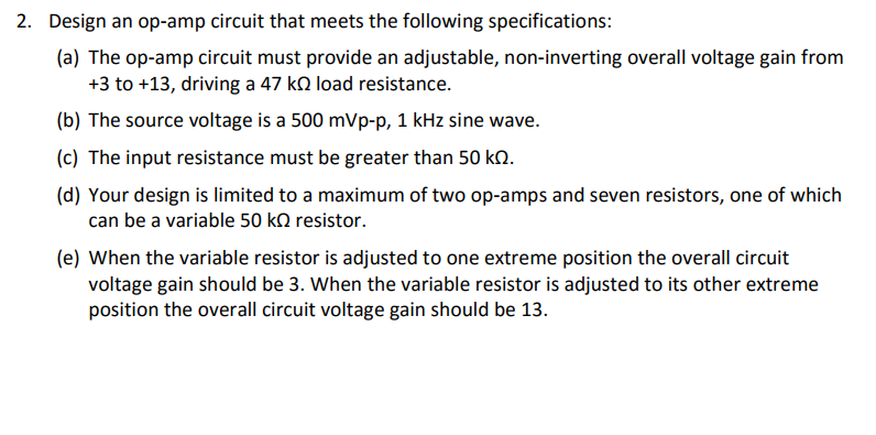 Solved Design an op-amp circuit that meets the following | Chegg.com