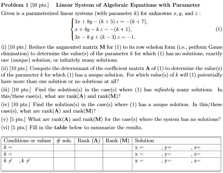 Solved Linear System of Algebraic Equations with Parameter | Chegg.com