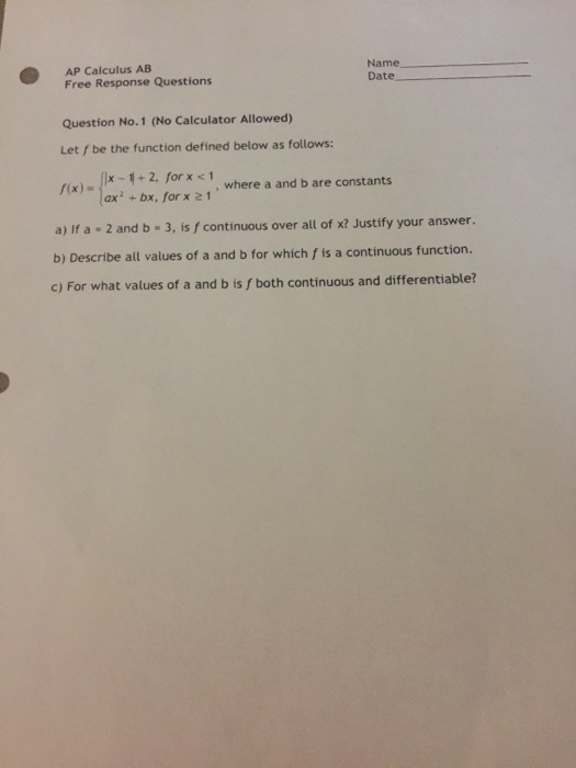 Solved AP Calculus AB Free Response Questions Question No.