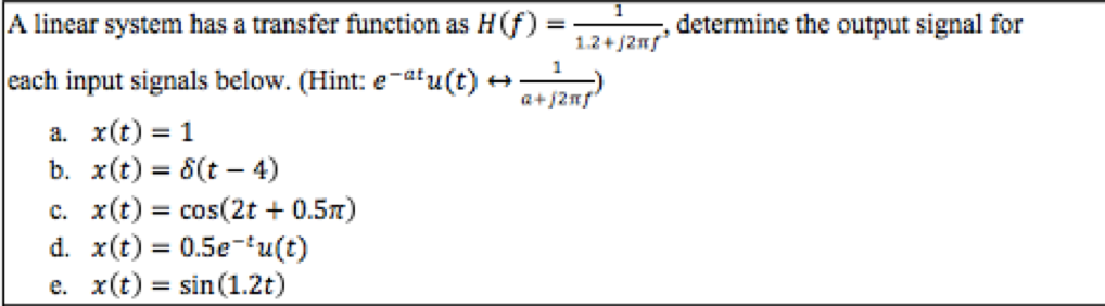 Solved A linear system has a transfer function as H(f)- -, | Chegg.com