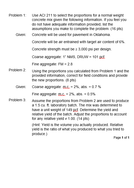 Solved Problem 1 Use ACI 211 To Select The Proportions For A | Chegg.com