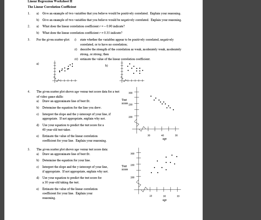 Linear Regression worksheet 11 The Linear Correlation | Chegg.com