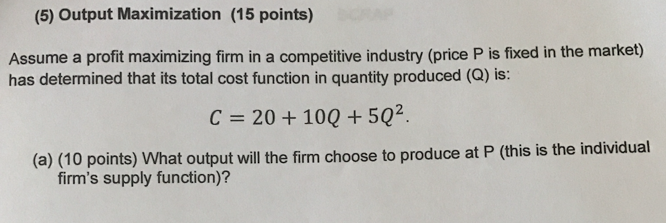 Solved Assume A Profit Maximizing Firm In A Competitive | Chegg.com