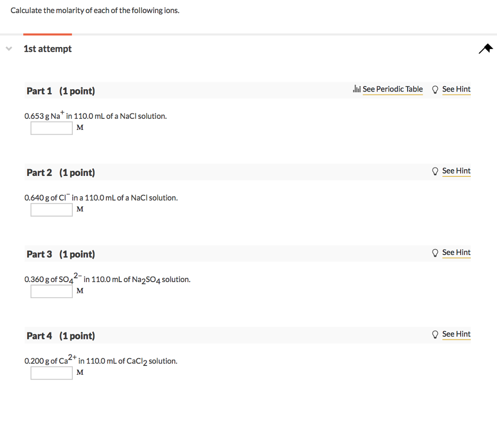 Solved Calculate the molarity of each of the following ions. | Chegg.com