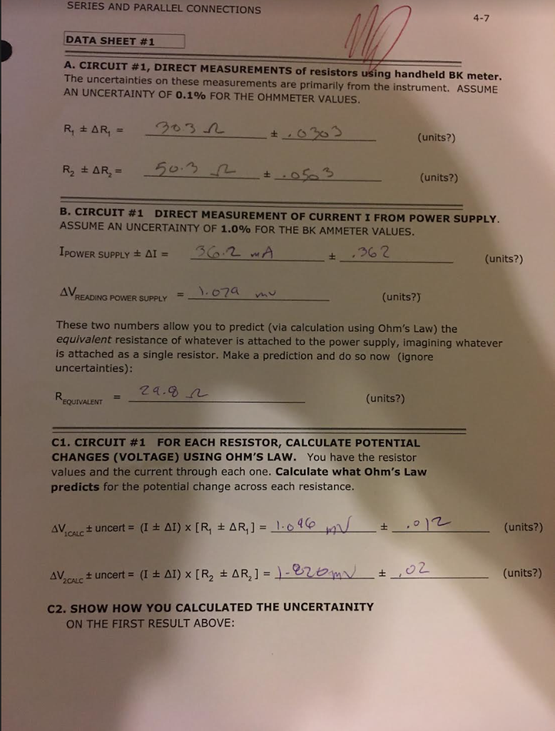 Solved SERIES AND PARALLEL CONNECTIONS 47 DATA SHEET 1 A.