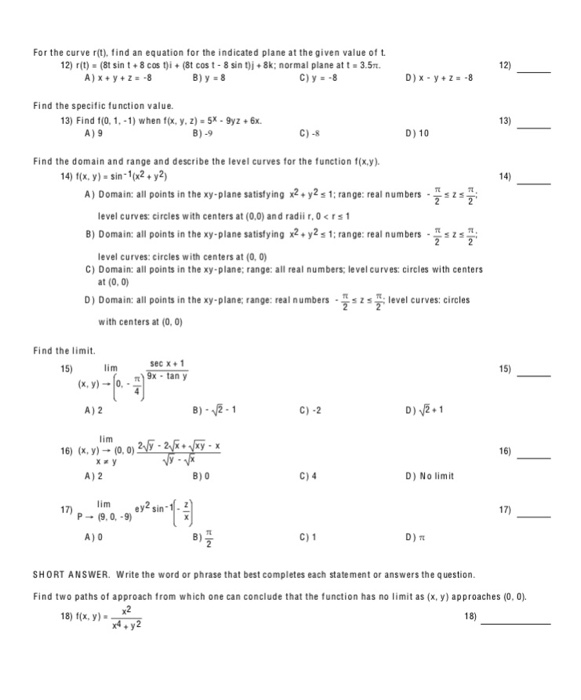 Solved For the curve r(t), find an equation for the | Chegg.com