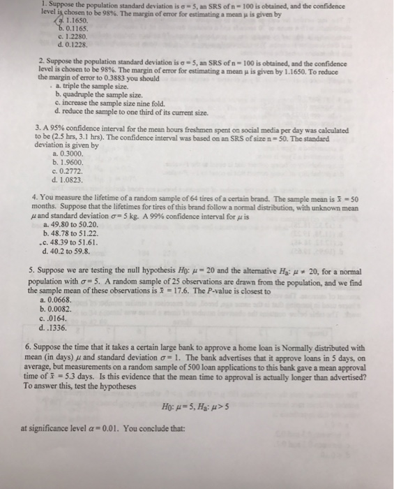 Solved Suppose the population standard deviation sigma = 5, | Chegg.com