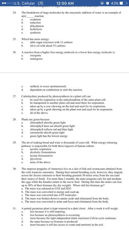 Solved The breakdown of large molecules by the enzymatic | Chegg.com