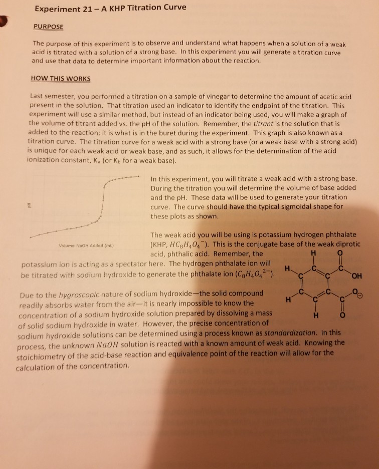 Solved Experiment 21- A KHP Titration Curve The purpose of | Chegg.com