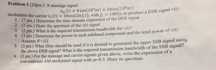 Solved Problem 1 (20pts.): A message signal modulates the | Chegg.com