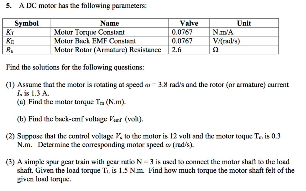 Solved 5. A DC motor has the following parameters Valve